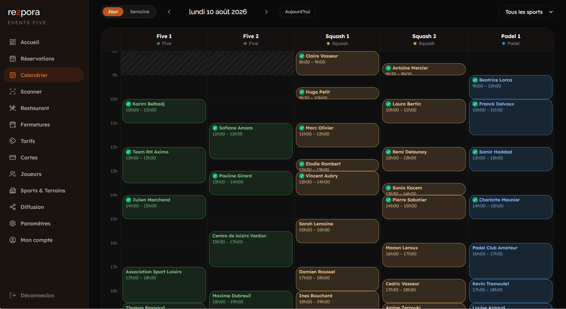 Le calendrier de Rezpora Manager : la journée du lundi 10 août affichée sur cinq terrains (Five, Squash, Padel), chaque réservation colorée selon son sport.